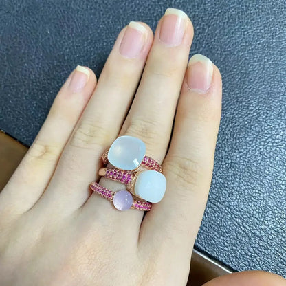 Conjunto de 3 anéis empilháveis ​​Nudo para mulheres, conjunto com cores mistas, cristais tipo bala incrustados, zircônia, ametista, topázio azul, joia redonda, presente