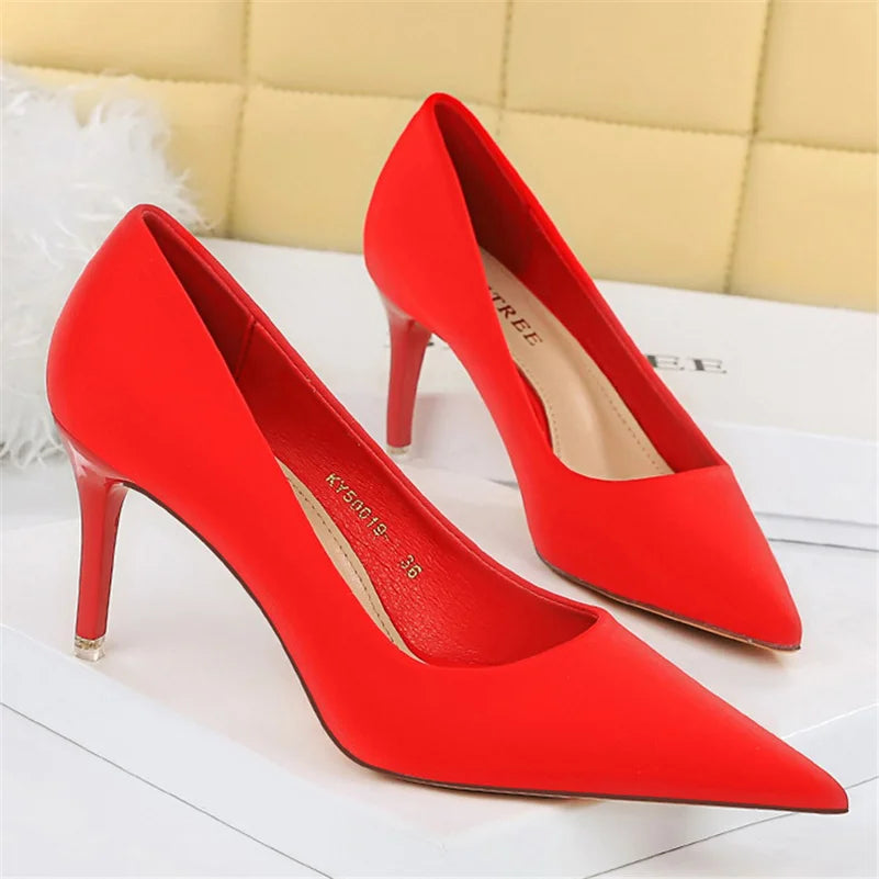 Women 7.5cm 10.5cm High Heels Scarpins Silk Satin Pumps Lady Quality Green Purple Fetish Wedding Bridal Mid Low Heels Prom Shoes