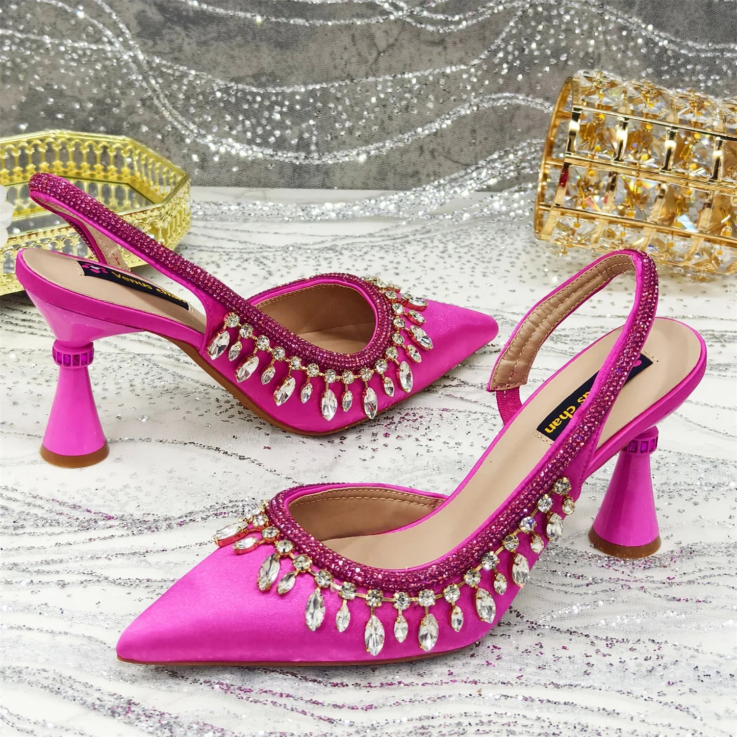 Pointed-Toe High Women Heels Shoes and Bags for Women Rhinestone Evening Party Elegant Luxury Handbag
