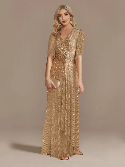Luxury Floor Length V-Neck Evening Dress 2025 Women Elegant Party Maxi Dress Sequin Short Sleeves Prom Cocktail Gowns