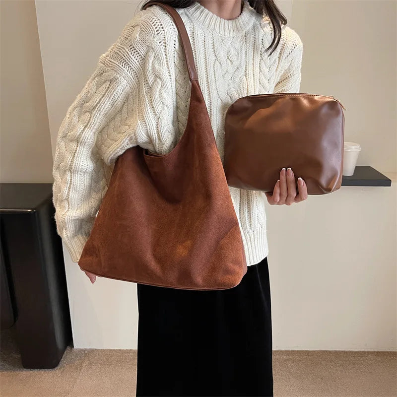 Korean suede bucket bag, women's casual commuting shoulder tote bag, autumn/winter 2025 new underarm set bag