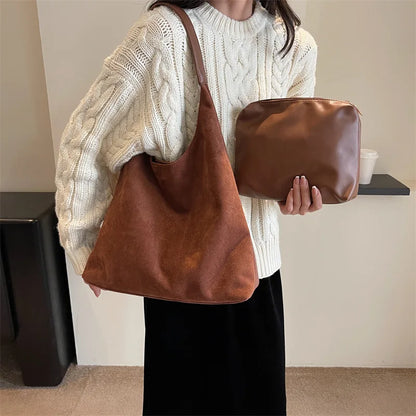 Korean suede bucket bag, women's casual commuting shoulder tote bag, autumn/winter 2025 new underarm set bag