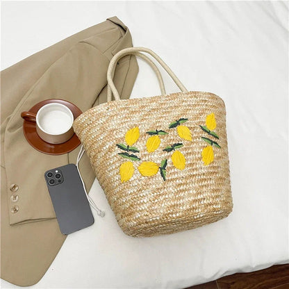 Embroidery Fruit Solid Color Shoulder Bag Straw Woven Hollow Versatile 2025 High Quality Bags for Women New Beach Handbags