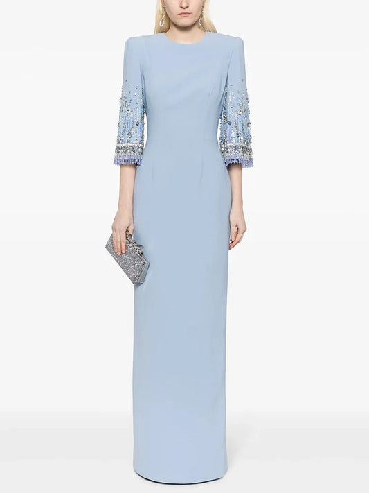 Fashion 2026 S/S Designer Vestido Women's Half Sleeve Stunning Beaded  Long Maxi Dress