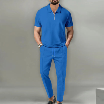 2024 New Trend Men's Sport Suit Autumn New Mens Suits Solid Color Waffle Lapel Short Sleeve Zipper Pants Set for Men