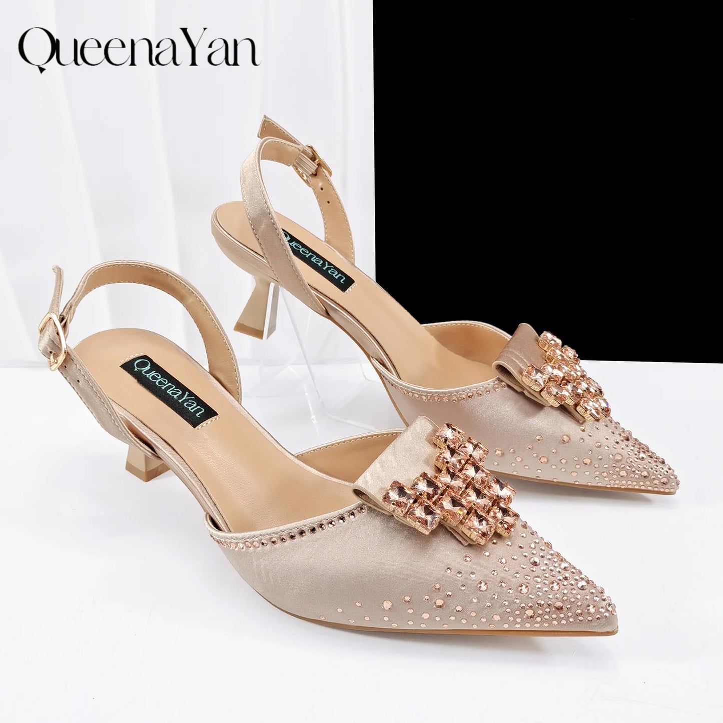 Elegant Coffee Color Pointed-Toe Italian Women's High-Heeled Shoe and Bag Set with Diamond Design for Parties