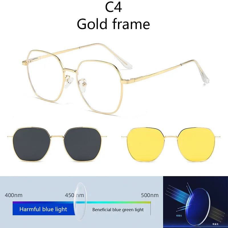 Sunglasses Men Women 3 In 1 Magnetic Clip On Glasses Hexagon Alloy Frame