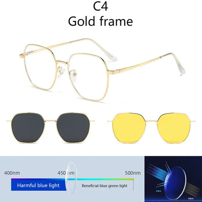 Sunglasses Men Women 3 In 1 Magnetic Clip On Glasses Hexagon Alloy Frame