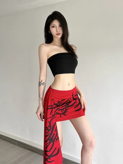 Y2K Millennium Graffiti High Waist Midi Skirt Women's Cool Unisex Asymmetrical Design Polyester Spandex Blend
