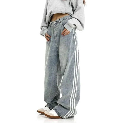 Retro Striped Loose Fit Low Waist Slimming Long Jeans