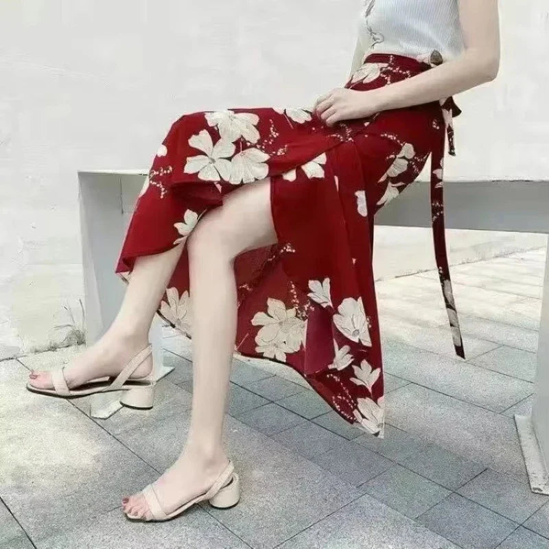 Wrap Skirts Women Casual Chiffon Tie-Waist Ruffle Wide Leg Loose Floral Skirts String Belt One Piece Wrap Beach Skirts