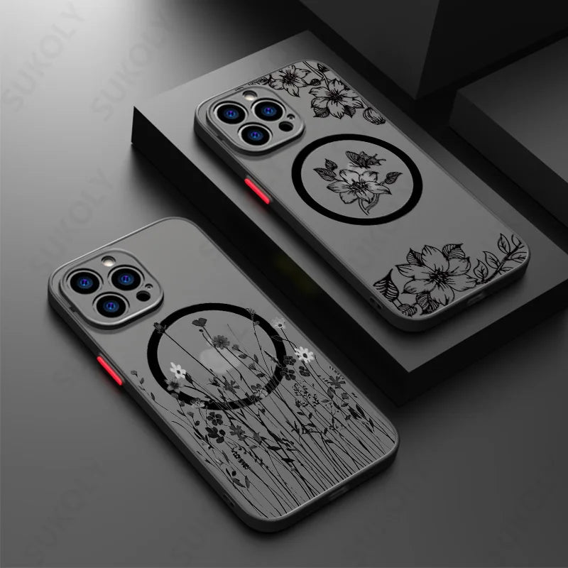 Flowers Pattern For iPhone 16 15 14 Pro Max 13 12 11 Pro Max Case For Magsafe Wireless Charging Matte Acrylic Hard Phone Cover