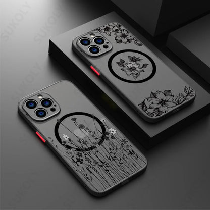 Flowers Pattern For iPhone 16 15 14 Pro Max 13 12 11 Pro Max Case For Magsafe Wireless Charging Matte Acrylic Hard Phone Cover