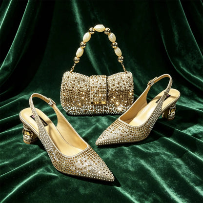 New Itlian Design Blue Color Rhinestone High Heel Shoe And Bag Fashion Style Pointed-Toe Shoes For COMFORT INCLUDED Women Shoes