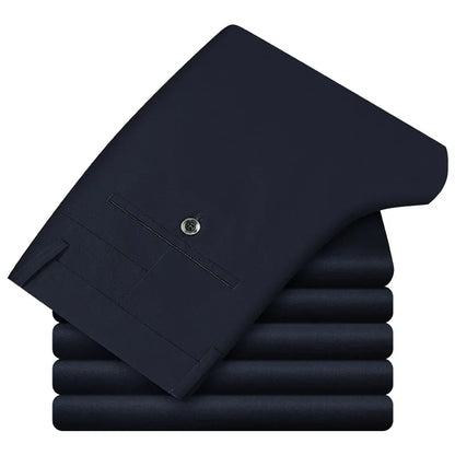 98% Cotton Casual Pants Men Straight Loose High Waist Business Stretch Trousers Mens Solid Color Full Length Pants Man Plus Size