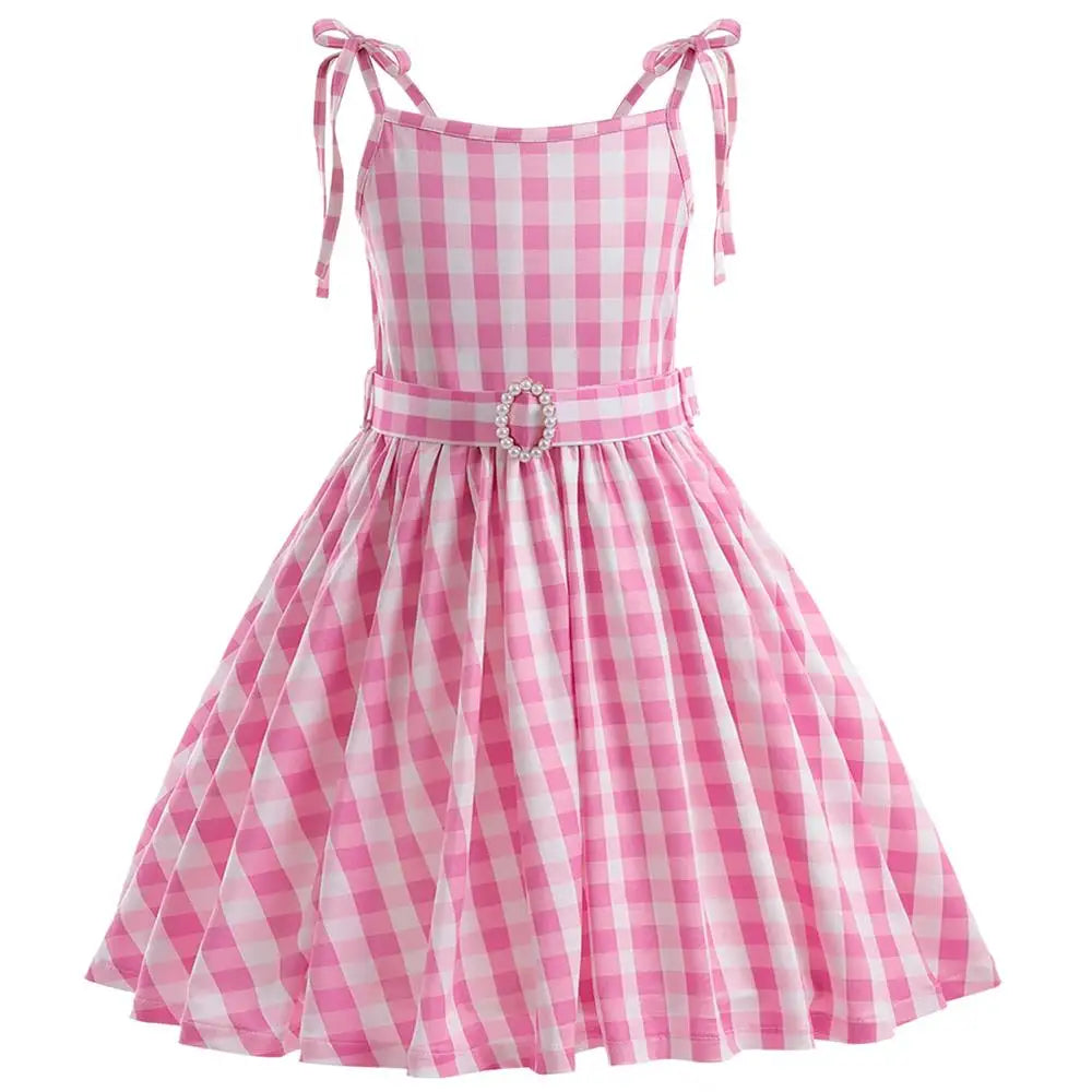 Girl Cosplay Costume Children's Summer Sweet Pink Plaid Dresses Party Princess Dress Casual Clothing 4-13 Years Old