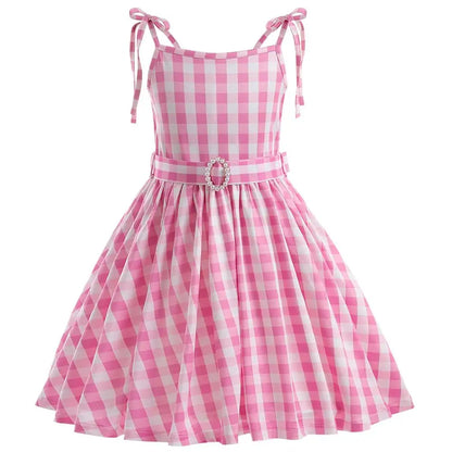 Girl Cosplay Costume Children's Summer Sweet Pink Plaid Dresses Party Princess Dress Casual Clothing 4-13 Years Old