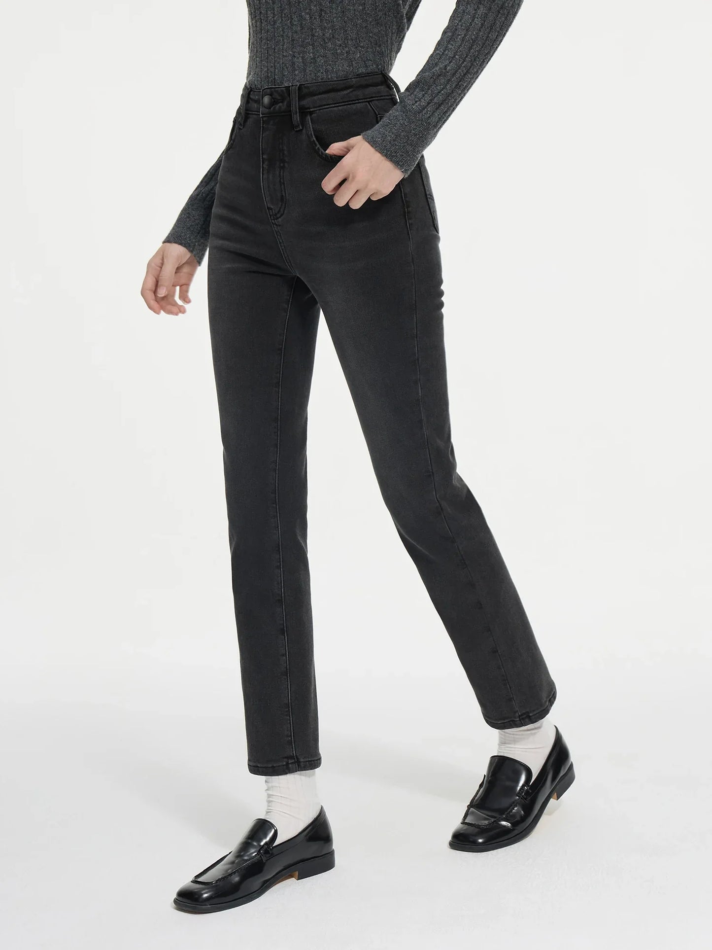 Tight Straight Stretch Padded Black Jeans For Female Winter 2024 New Design Chic Casual Pencil Pants 24FS14360