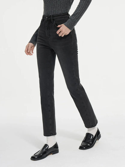 Tight Straight Stretch Padded Black Jeans For Female Winter 2024 New Design Chic Casual Pencil Pants 24FS14360