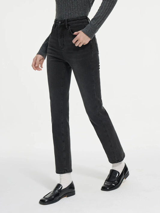 Tight Straight Stretch Padded Black Jeans For Female Winter 2024 New Design Chic Casual Pencil Pants 24FS14360