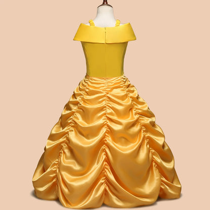 Girls Cosplay Belle Princess Dress for Kids Beauty and The Beast Costumes Children Birthday Party with Flower Clothes