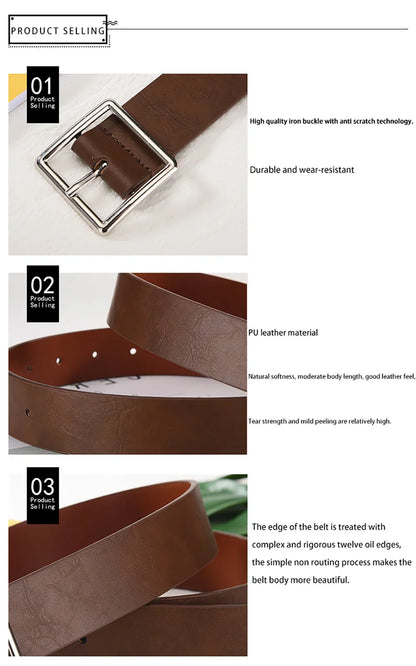 2023 Women'S Belt Soft Pu Leather Belt Square Buckle Pin Buckle Jeans Black Belt Chic Luxury Brand Fancy Vintage Strap Female