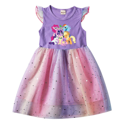 My Little Ponys Baby Girls Dress Children Cartoon Mesh Star Sequins Princess Dress Kids Flying Sleeve Skirt For Birthday Gift
