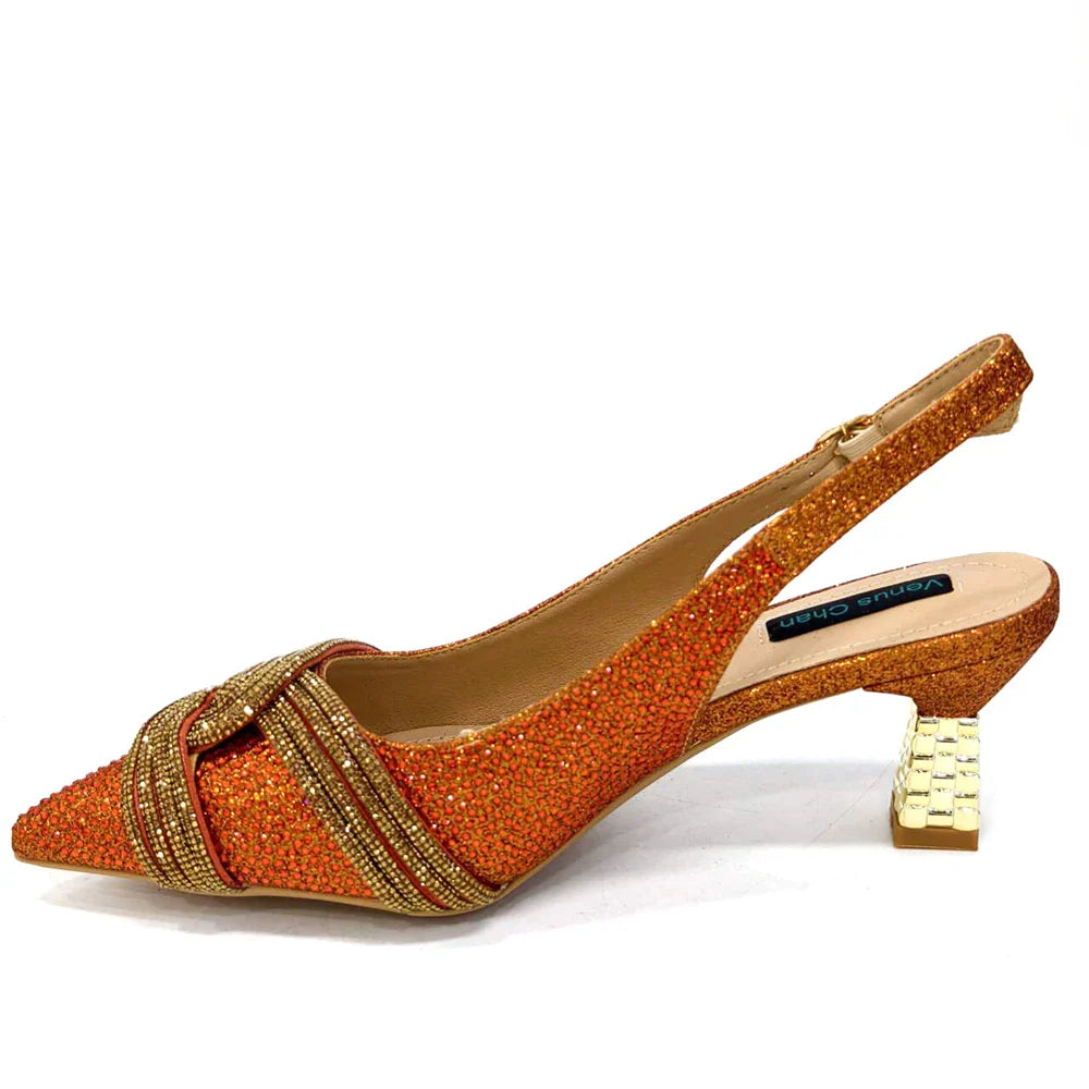 Special Design High Quality Orange Color African Women Shoes and Bag Set with Shinning Crystal for Wedding Party