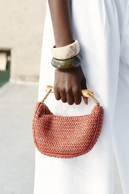 Summer Half-Moon Beach Straw Shoulder Bags Women's Straw Bucket Bag Purse Woven Straw Handbags Casual Tote Crossbody Bag