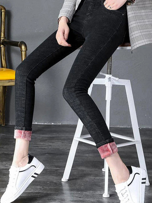 Women's Thick Velvet Jeans, Stretch High Waist Pencil Pants