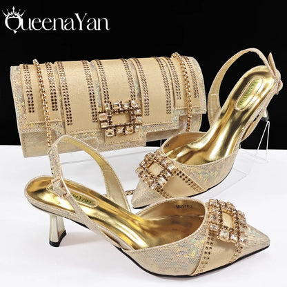Elegant Noble Party Wedding Shoes And Bag Pointed Toe Decorated With Rhinestone Women Heel Shoes