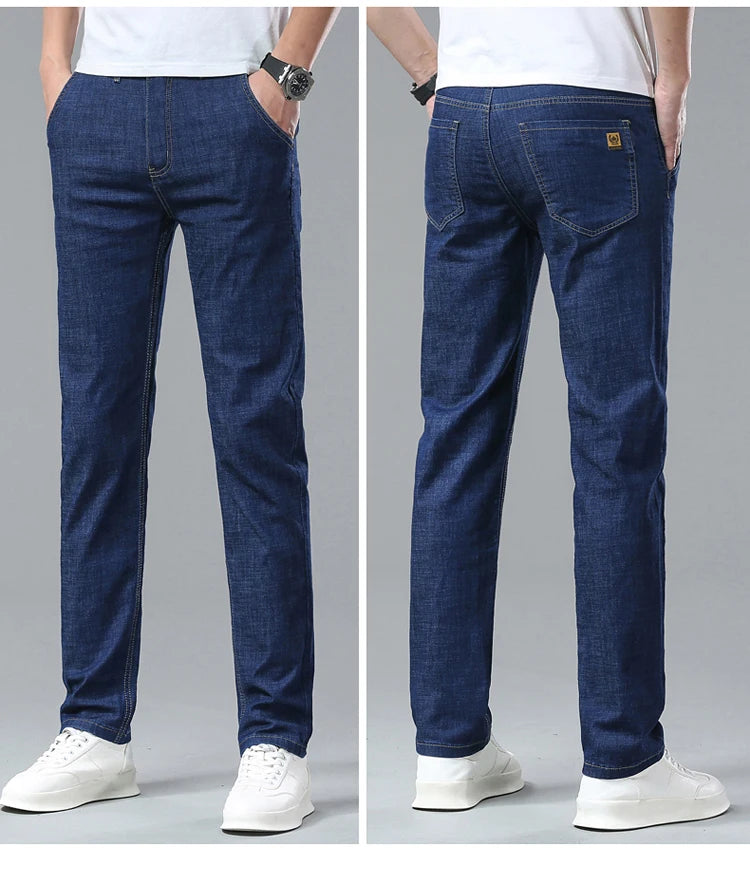 Men's Ice Silk Jeans Summer New Lyocell Thin Business Casual Denim Pants Classic All Match Slim Fit Straight Elastic Jean Male