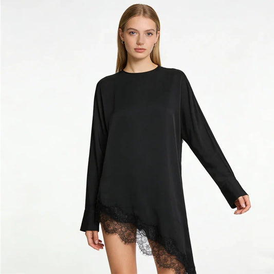 Women's Lace Blouse Asymmetric Long Black Blouse Woman Spring Elegant Plus Size Top Sweatshirt Long Sleeve Blouse Women