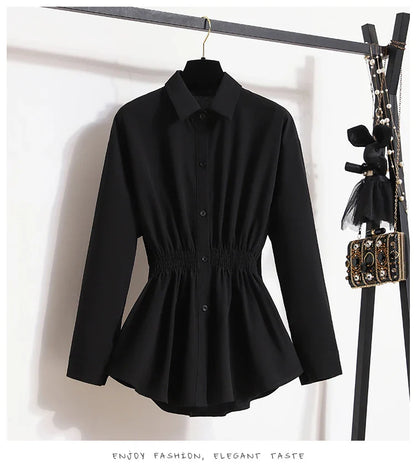 2026 Women's Plus Size Blouse Korean Style Spring Autumn Loose Elegant Casual Mid-length Tops Long Sleeved Waist Cinching Shirts