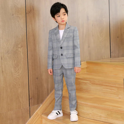 Spring Autumn Kids Boys Suits Elegant Children Boys Plaid Blazer Pant Suits Outfits Set Young Teenager Boys Formal Wedding Suits