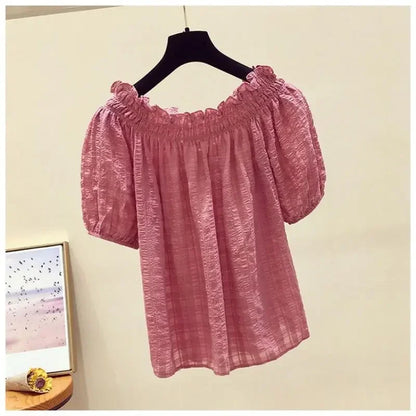 Black casual slash neck puff sleeve chiffon pullover women's blouse shirt female clothing tops fashion short blouses 2025