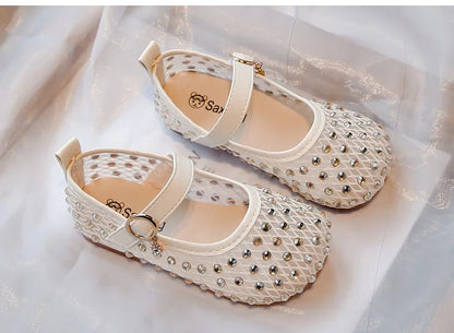 2026Summer Girl's Sandals Crystal Air Mesh Biege Sliver Luxury Kids Flat Shoes Beautiful Party Graceful Anti-skid Childern Shoes