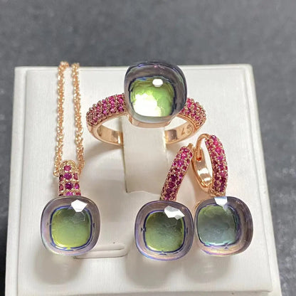 Conjunto de Joias Femininas 3 Peças - Anel, Brincos e Colar Banhados a Ouro Rosé com Zircônia Roxa Incrustada