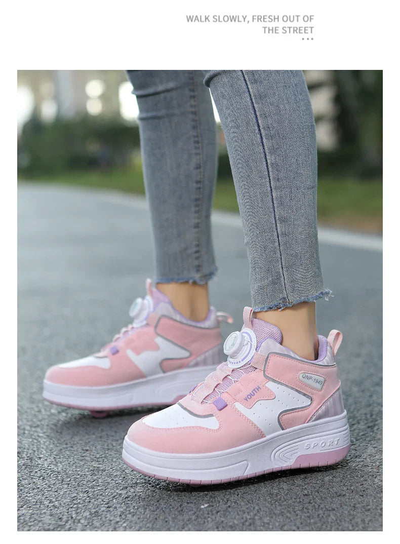 Children's walking shoes 2024 new double wheel invisible roller skates young primary school children big child swivel buckle