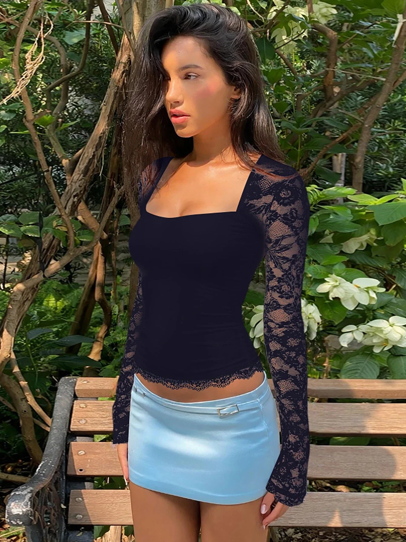 Hugcitar Moda Feminina Gola Quadrada Patchwork Renda Estampa Floral Manga Longa Blusa Curta Sexy Roupa Transparente Verão Festa Balada