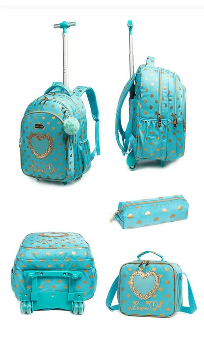 Children's Wheeled Backpack Bag Set with Lunch Box School Rolling Backpack Bag with Wheels School Trolley Backpack Bag for Girls