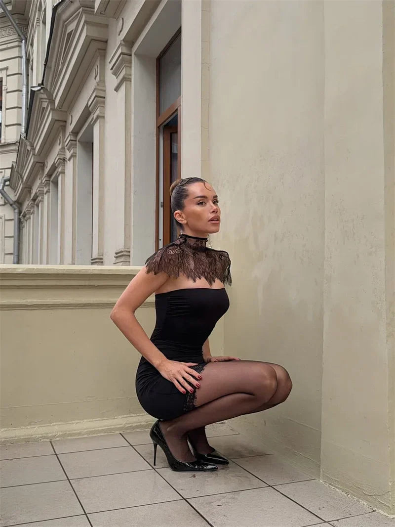 Lace Backless Sexy Mini Dress Women Gown Elegant See Through Turtleneck Sleeveless Bodycon Club Party Dresses Female