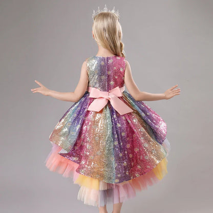 Children's Dress Trailing Princess Spot Pink Girls' June 1 Performance Summer New 2023 Lace Color Matching Mesh