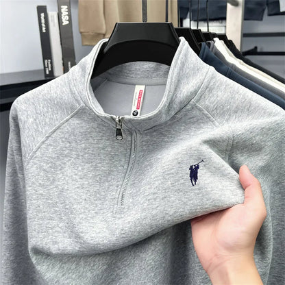 Half zip hoodie men's long sleeved t-shirt autumn plus size middle-aged and young embroidered pony logo collar polo shirt top