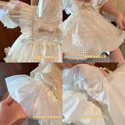 Vestido de princesa Lolita francês para meninas, vestido novo estilo verão para um ano de idade, lindo vestido branco de manga curta para menina fofa