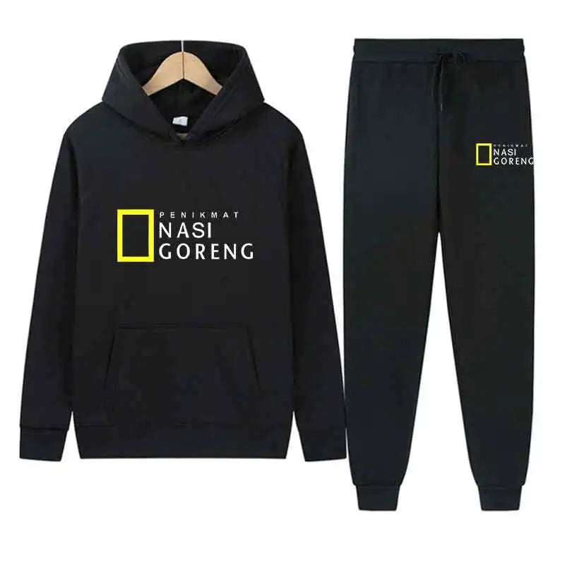 Autumn Men Gray Blue Casual 2PC Sets Trend Hoodie Tops Slim Pants Warm Sweatshirts Street Fashion Concise Printed Sports Suit
