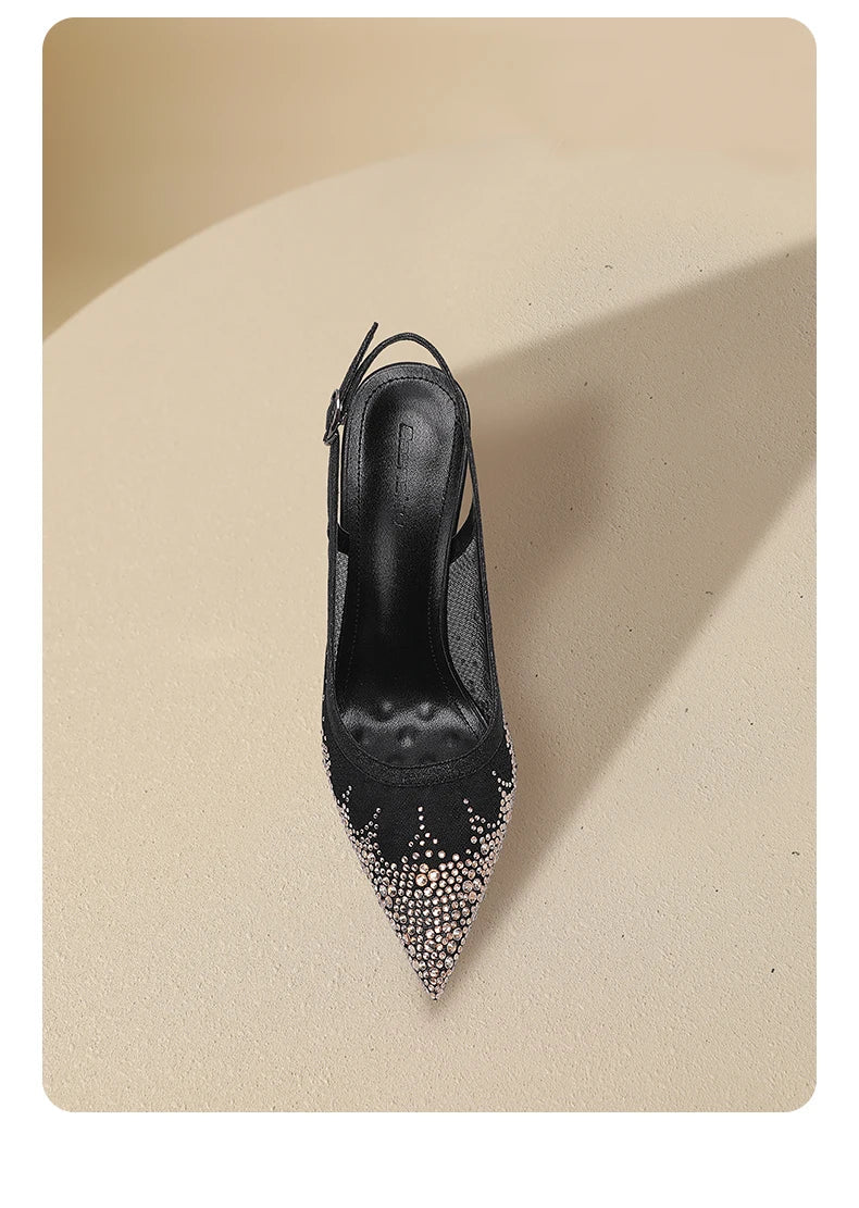New summer black mesh rhinestone high heels for women, slim heels, shallow toe, sexy sandals with a single buckle strap