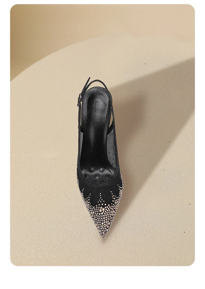 New summer black mesh rhinestone high heels for women, slim heels, shallow toe, sexy sandals with a single buckle strap