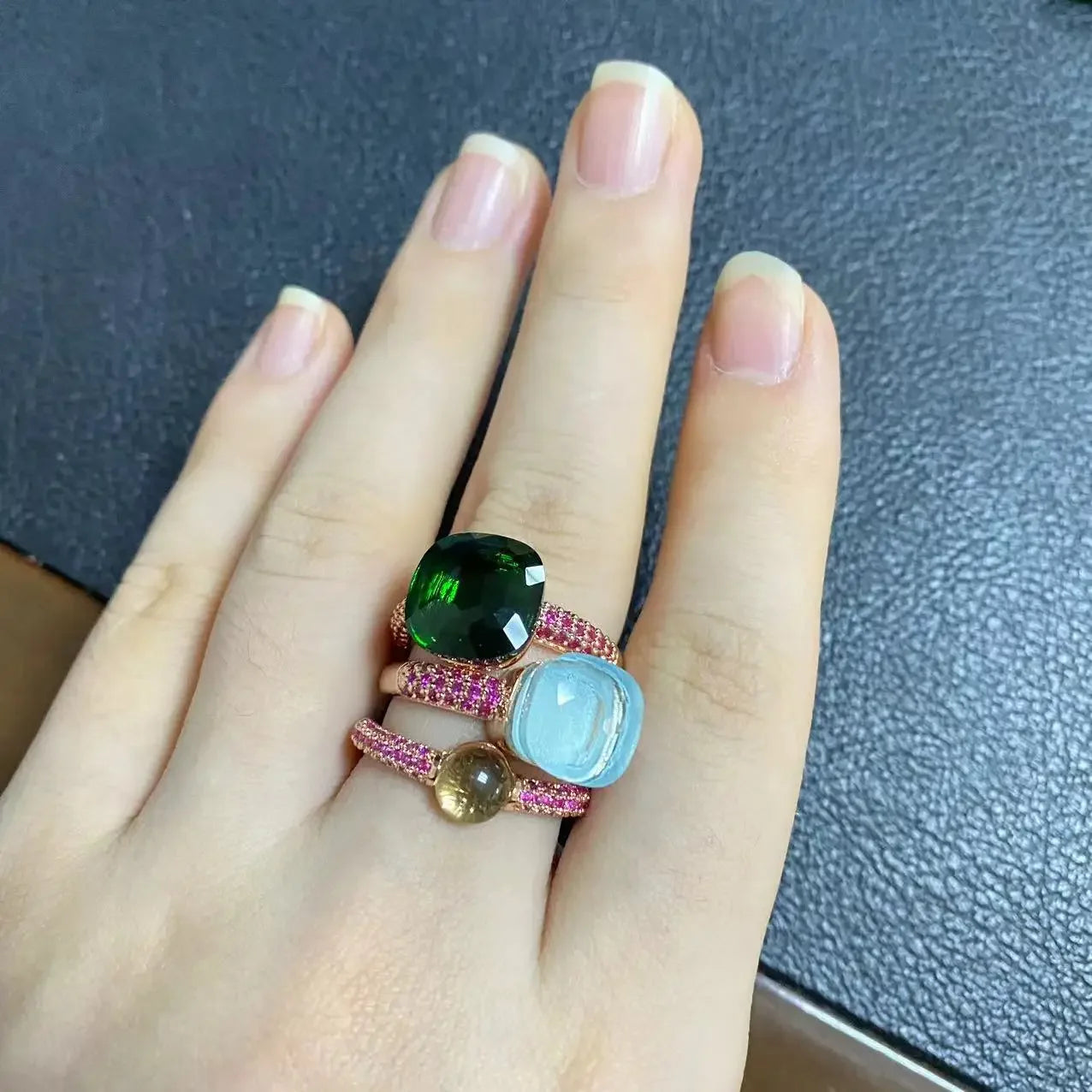 Conjunto de 3 anéis empilháveis ​​Nudo para mulheres, conjunto com cores mistas, cristais tipo bala incrustados, zircônia, ametista, topázio azul, joia redonda, presente