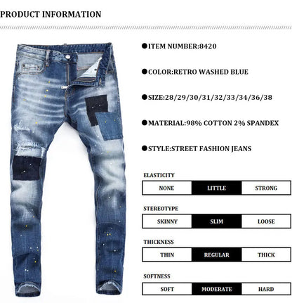 Street Fashion Men Jeans Retro Blue High Quality Elastic Skinny Fit Ripped Jeans Men Patched Designer Hip Hop Brand Pants Hombre
